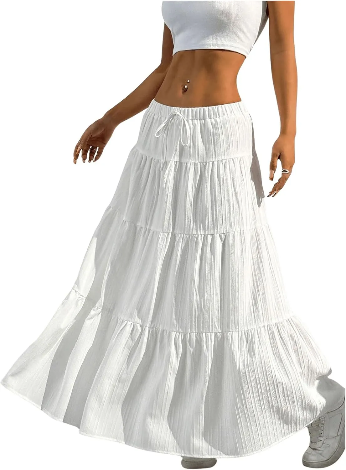 Women's Flowy Flared Ruffle Hem A Line Maxi Skirts Elastic Waist Elegant Tiered Layer Boho Long Skirts