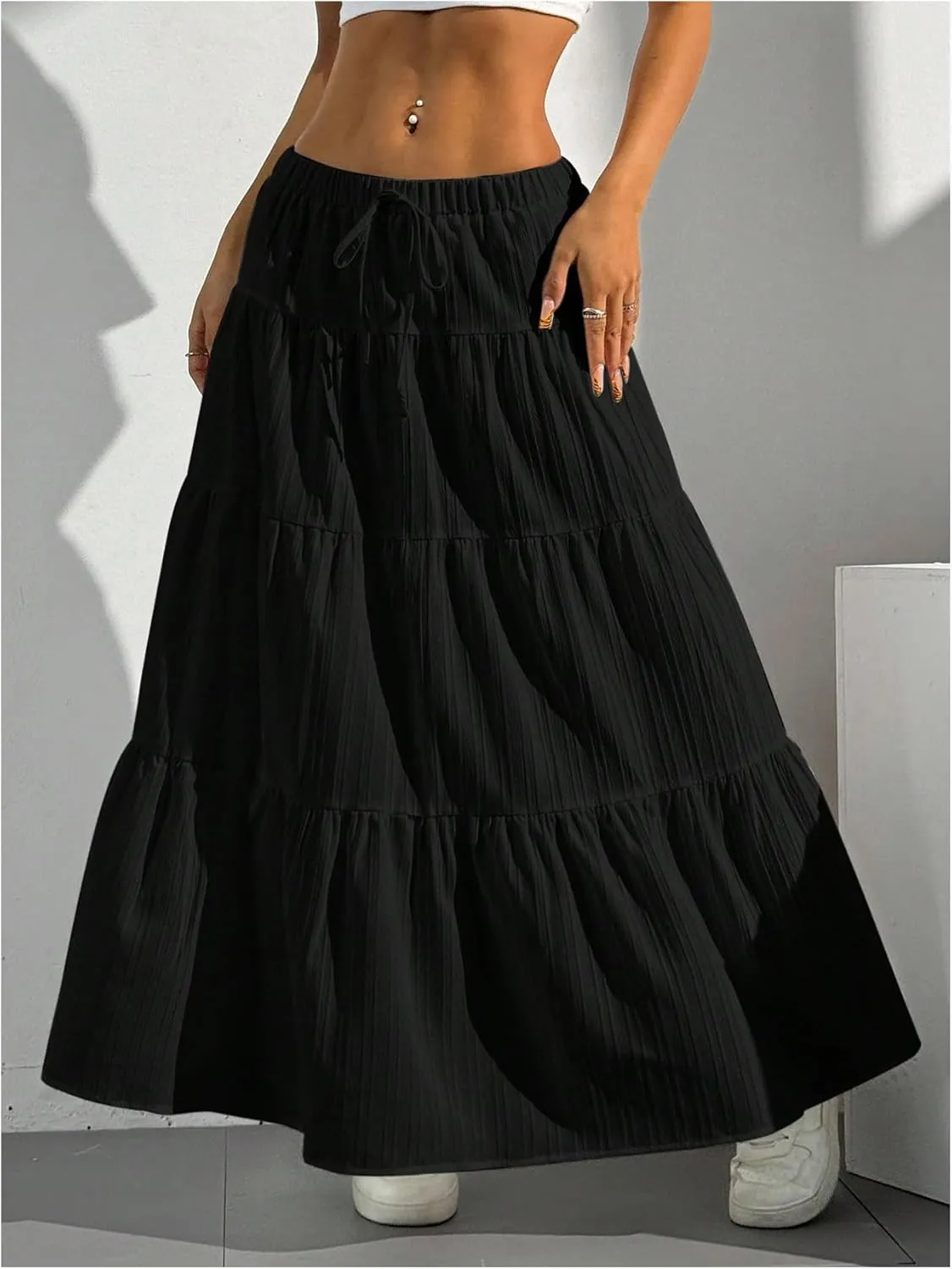 Women's Flowy Flared Ruffle Hem A Line Maxi Skirts Elastic Waist Elegant Tiered Layer Boho Long Skirts
