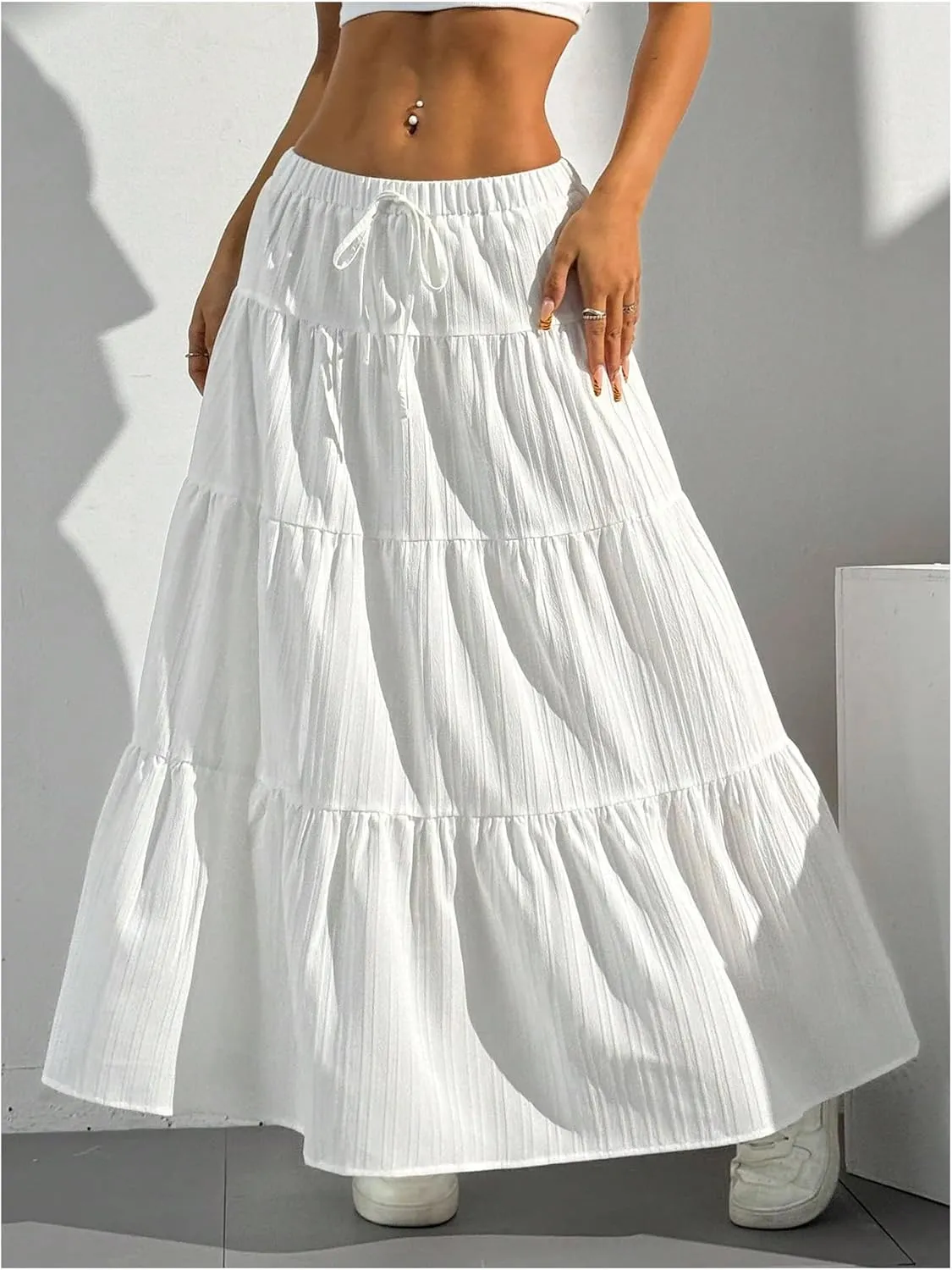 Women's Flowy Flared Ruffle Hem A Line Maxi Skirts Elastic Waist Elegant Tiered Layer Boho Long Skirts