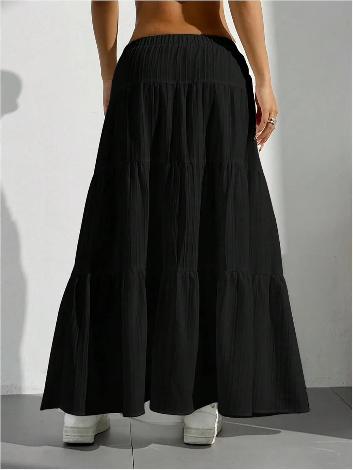 Women's Flowy Flared Ruffle Hem A Line Maxi Skirts Elastic Waist Elegant Tiered Layer Boho Long Skirts