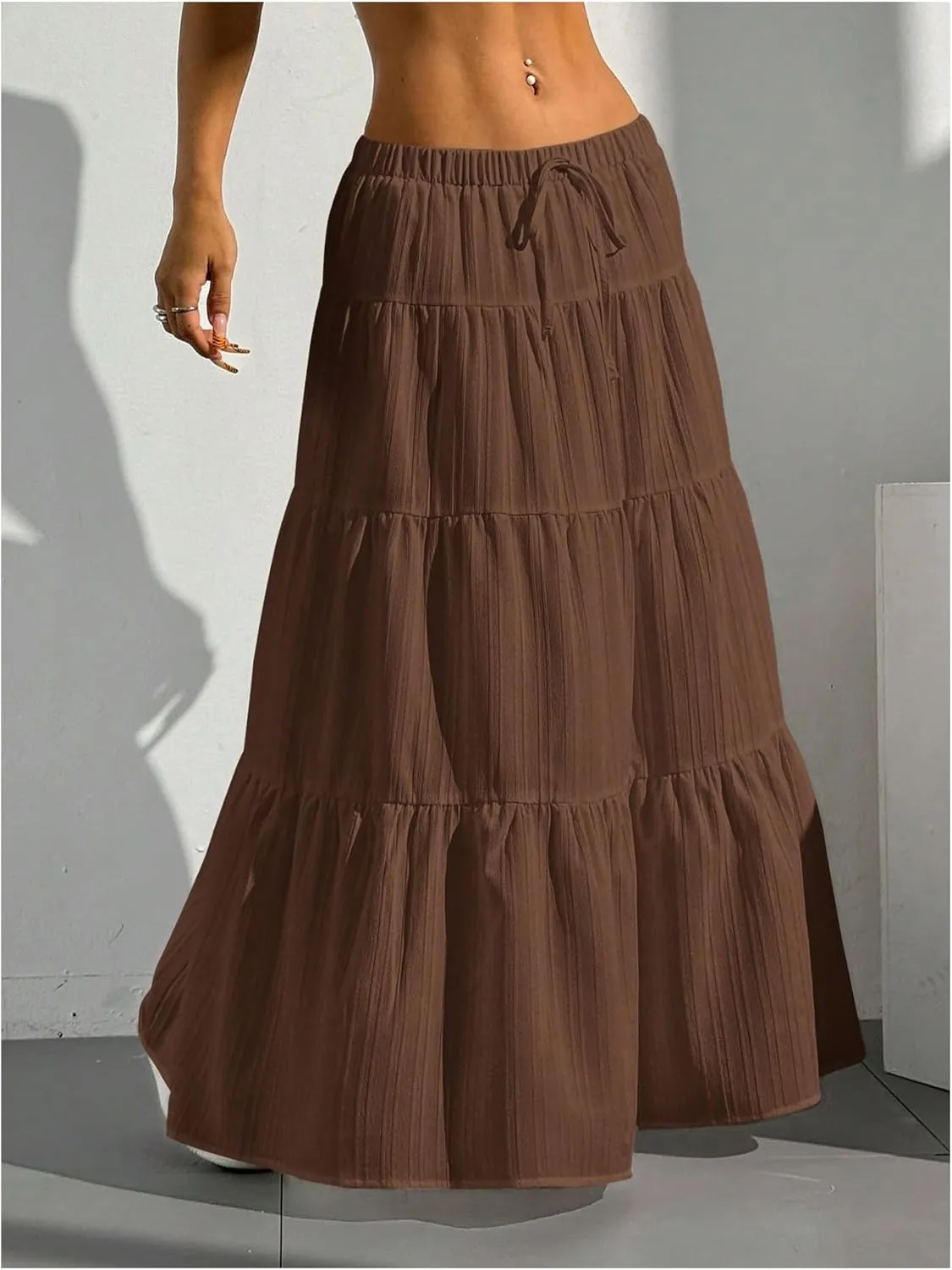 Women's Flowy Flared Ruffle Hem A Line Maxi Skirts Elastic Waist Elegant Tiered Layer Boho Long Skirts