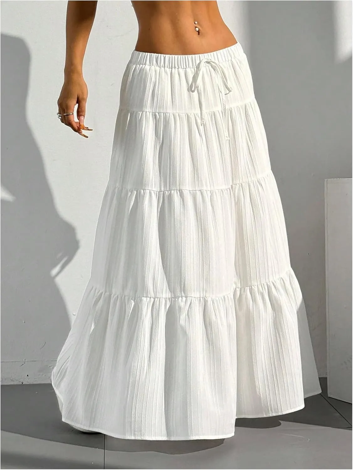 Women's Flowy Flared Ruffle Hem A Line Maxi Skirts Elastic Waist Elegant Tiered Layer Boho Long Skirts
