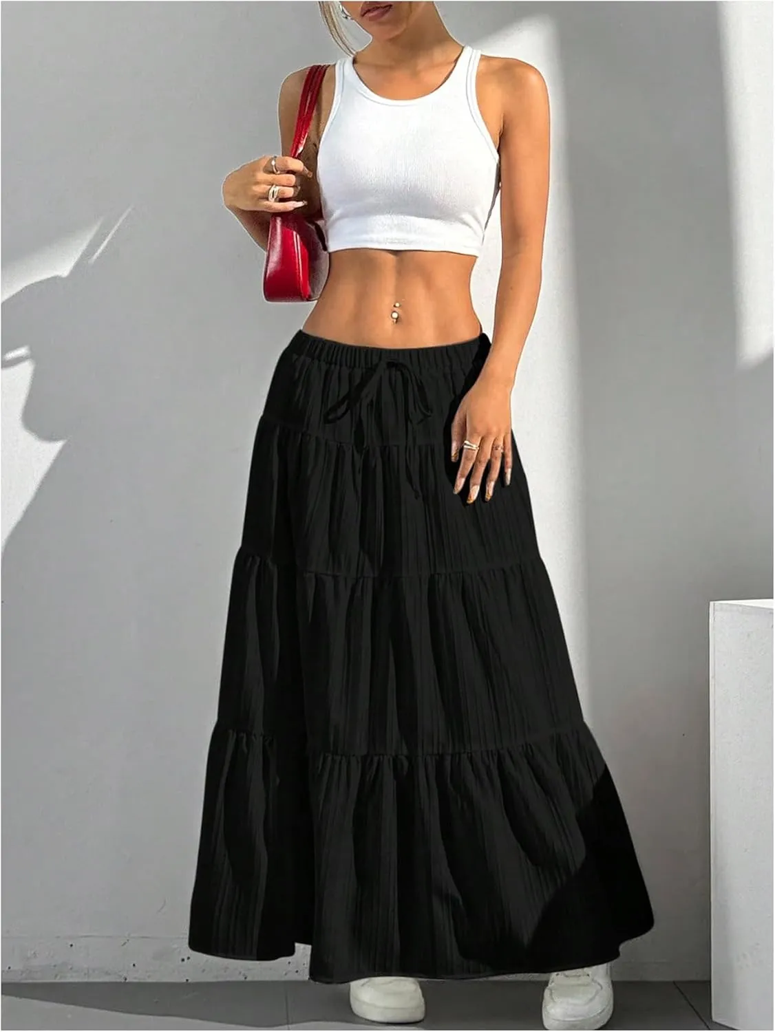 Women's Flowy Flared Ruffle Hem A Line Maxi Skirts Elastic Waist Elegant Tiered Layer Boho Long Skirts