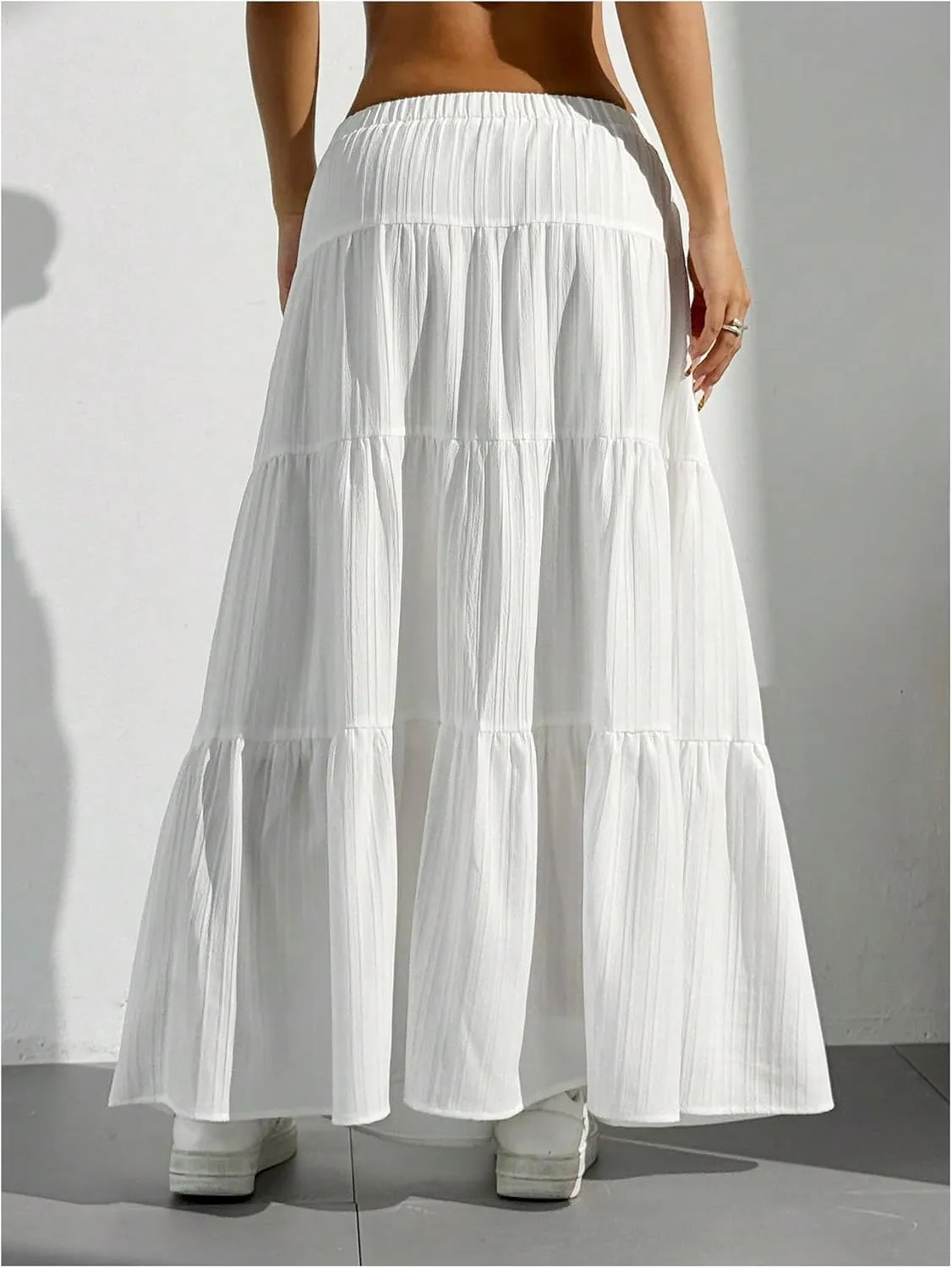 Women's Flowy Flared Ruffle Hem A Line Maxi Skirts Elastic Waist Elegant Tiered Layer Boho Long Skirts