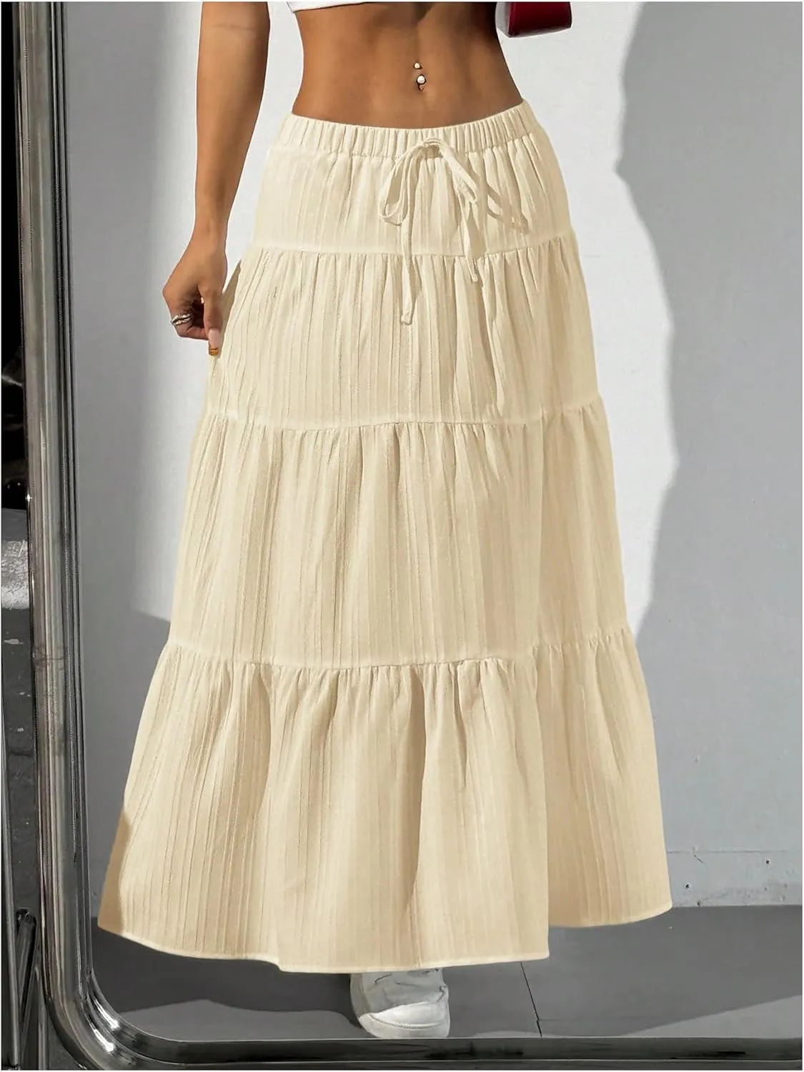 Women's Flowy Flared Ruffle Hem A Line Maxi Skirts Elastic Waist Elegant Tiered Layer Boho Long Skirts