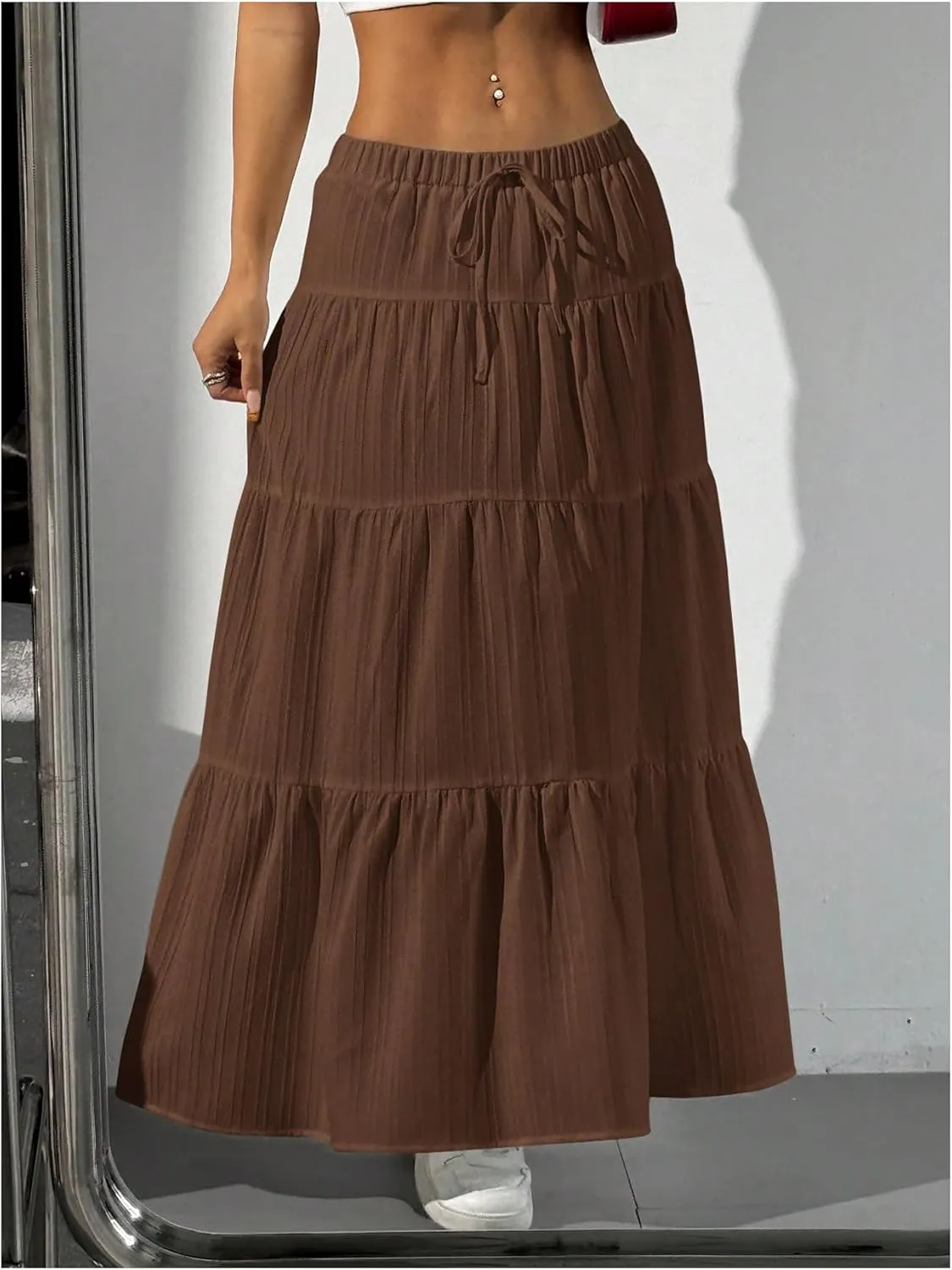 Women's Flowy Flared Ruffle Hem A Line Maxi Skirts Elastic Waist Elegant Tiered Layer Boho Long Skirts