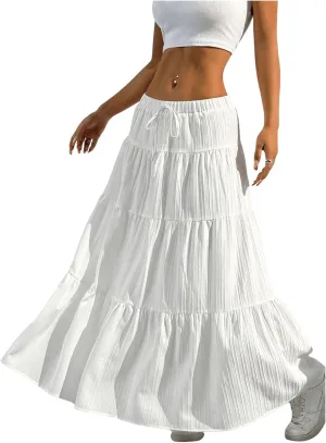 Women's Flowy Flared Ruffle Hem A Line Maxi Skirts Elastic Waist Elegant Tiered Layer Boho Long Skirts