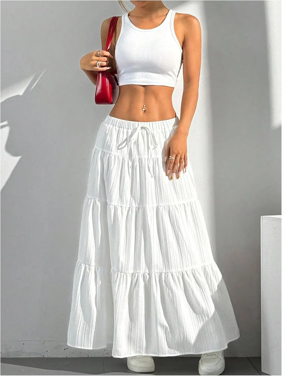 Women's Flowy Flared Ruffle Hem A Line Maxi Skirts Elastic Waist Elegant Tiered Layer Boho Long Skirts
