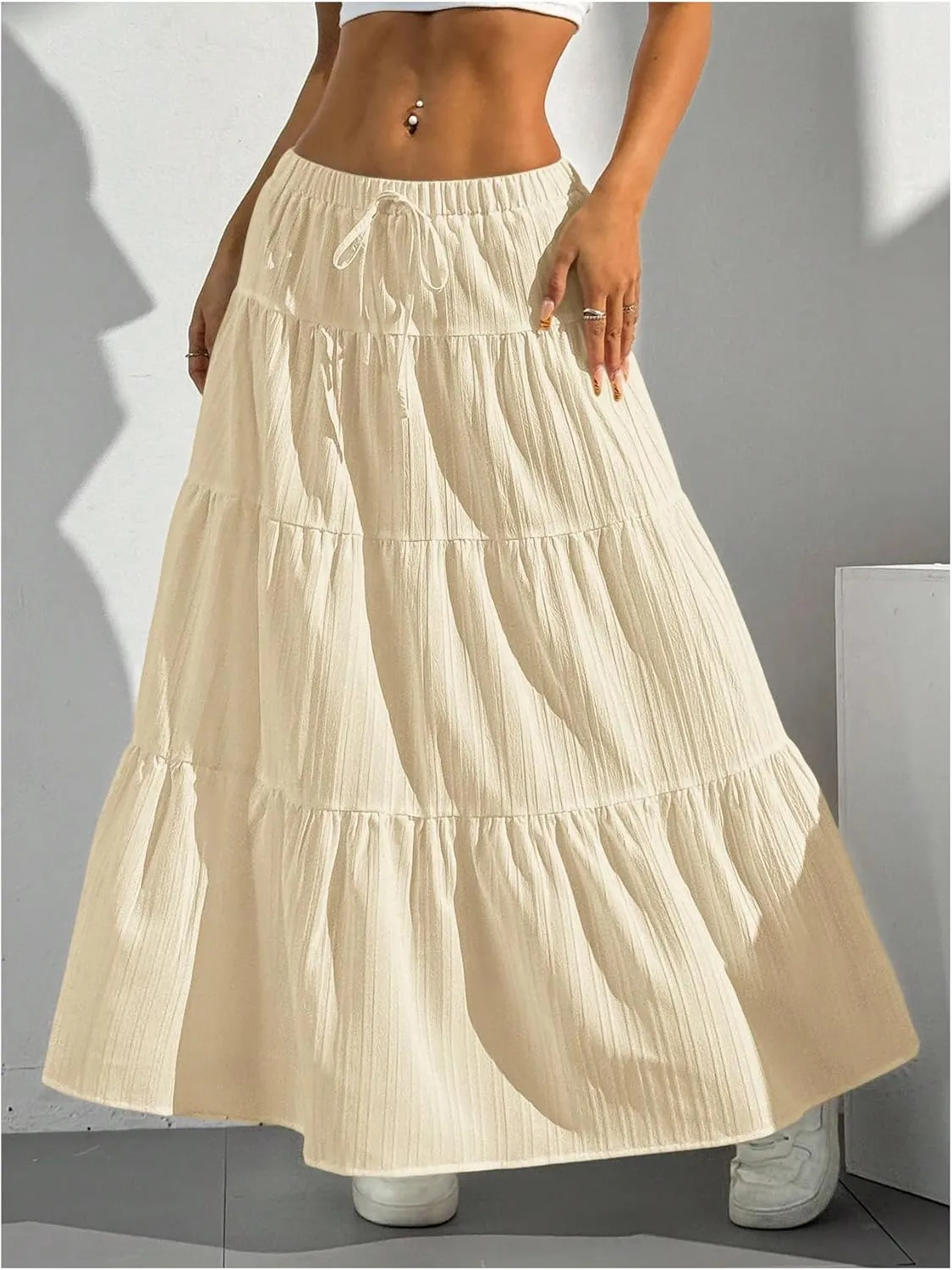 Women's Flowy Flared Ruffle Hem A Line Maxi Skirts Elastic Waist Elegant Tiered Layer Boho Long Skirts