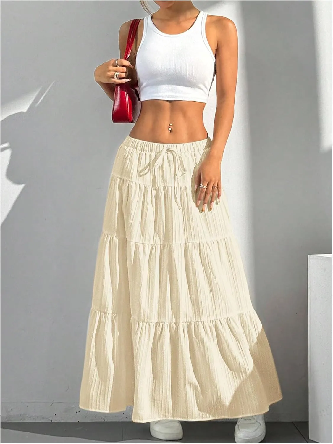 Women's Flowy Flared Ruffle Hem A Line Maxi Skirts Elastic Waist Elegant Tiered Layer Boho Long Skirts