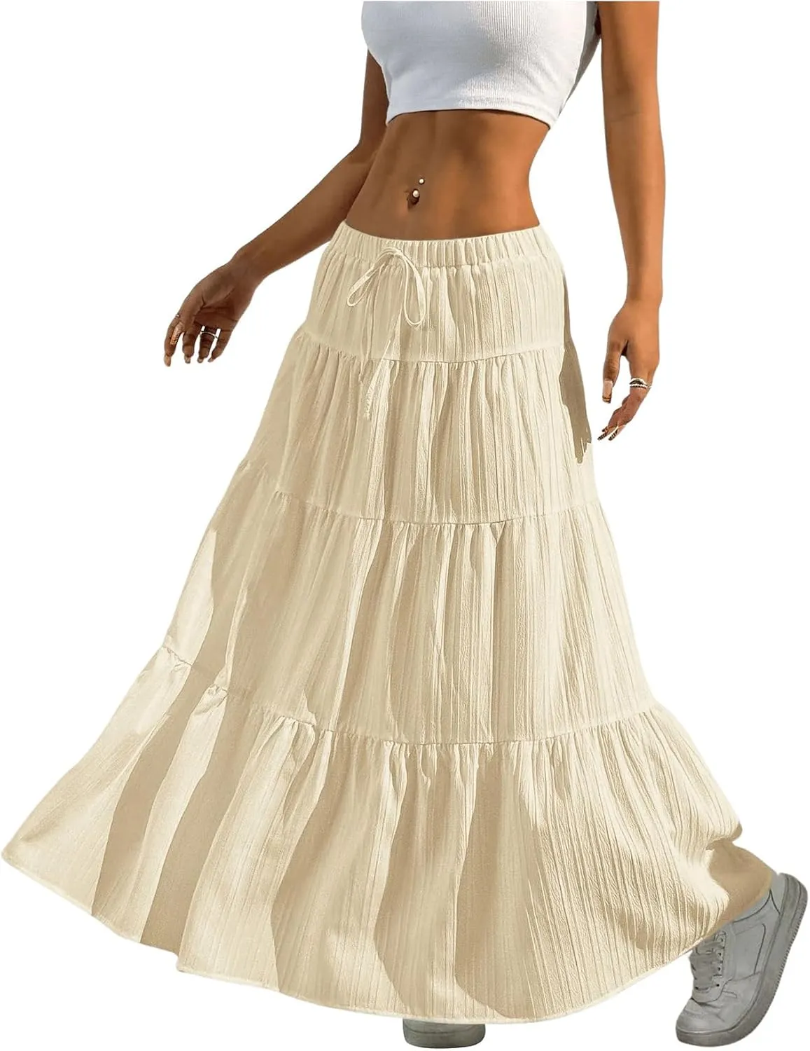 Women's Flowy Flared Ruffle Hem A Line Maxi Skirts Elastic Waist Elegant Tiered Layer Boho Long Skirts