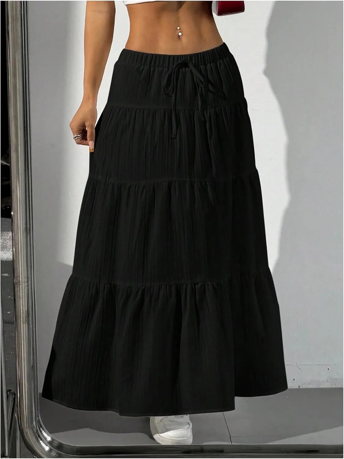 Women's Flowy Flared Ruffle Hem A Line Maxi Skirts Elastic Waist Elegant Tiered Layer Boho Long Skirts