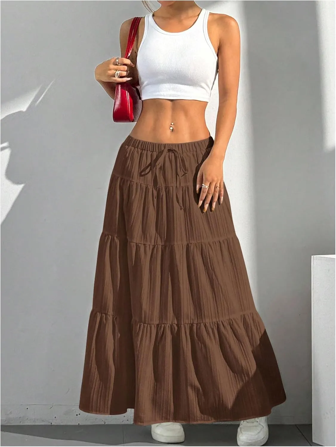 Women's Flowy Flared Ruffle Hem A Line Maxi Skirts Elastic Waist Elegant Tiered Layer Boho Long Skirts