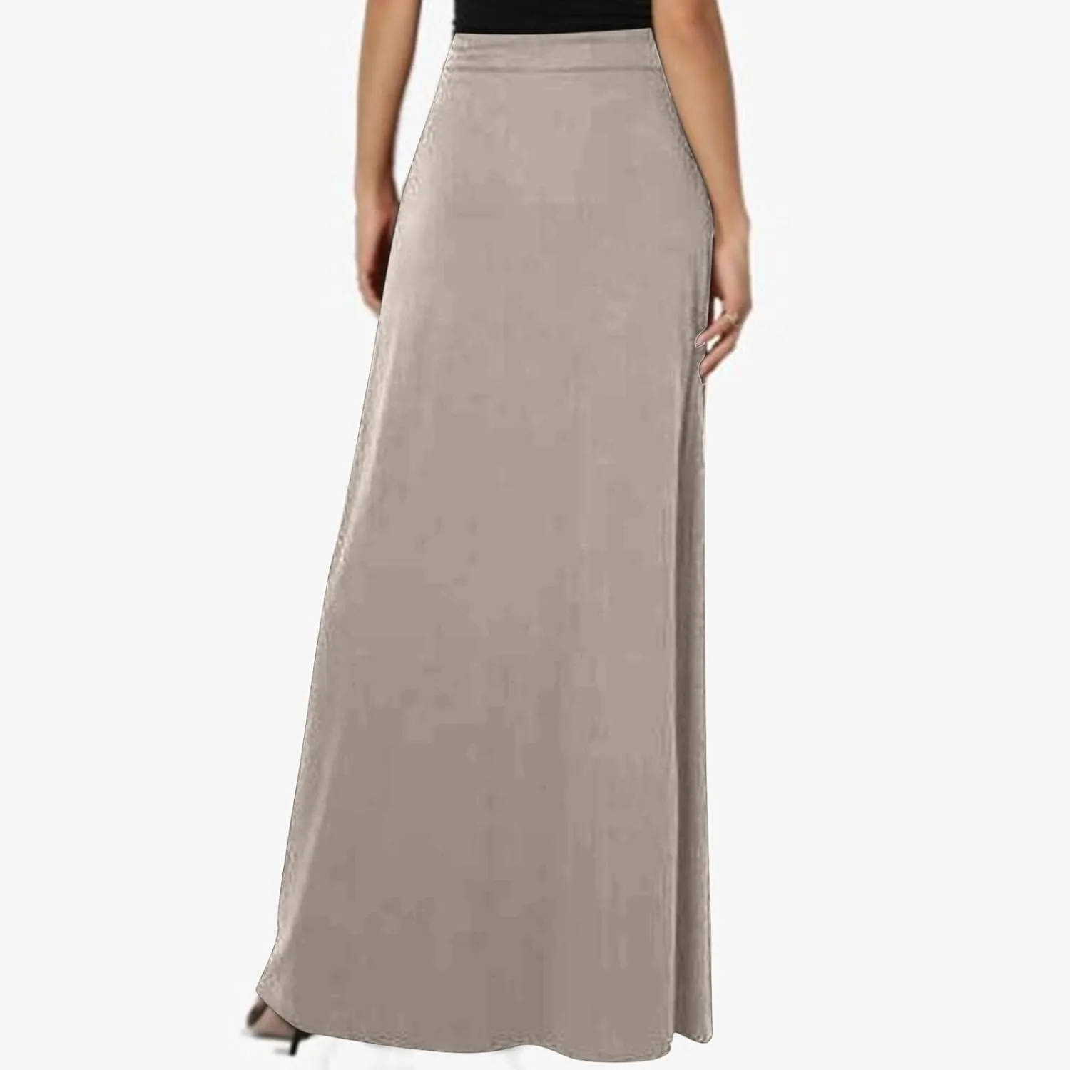 Womens High Elastic Waist Maxi Skirts Basic Drawstring Ankle Length Skirts Ladies A Line Solid Skirts with Pockets