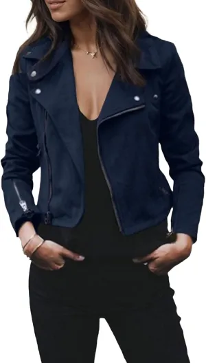 Women's Lightweight Suede Motorcycle Jacket Casual Asymmetrical Zip-up Cropped Faux Leather Fitted Coats Outerwear