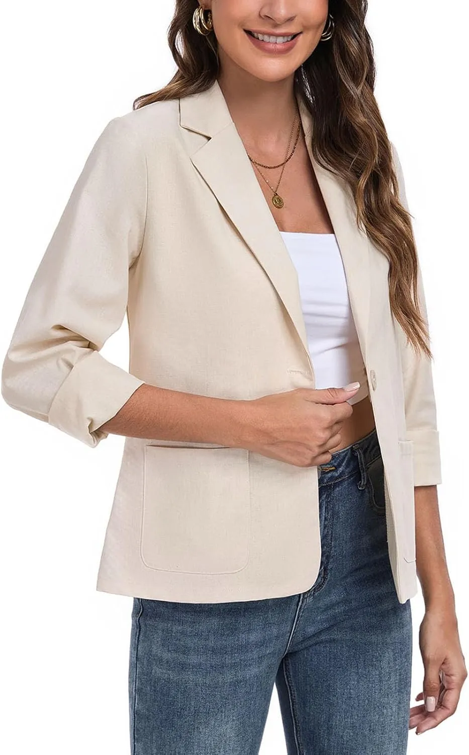 Womens Linen Blazer Long Sleeve Lightweight Work Office Jackets Casual Summer Lapel Button Blazers with Pockets