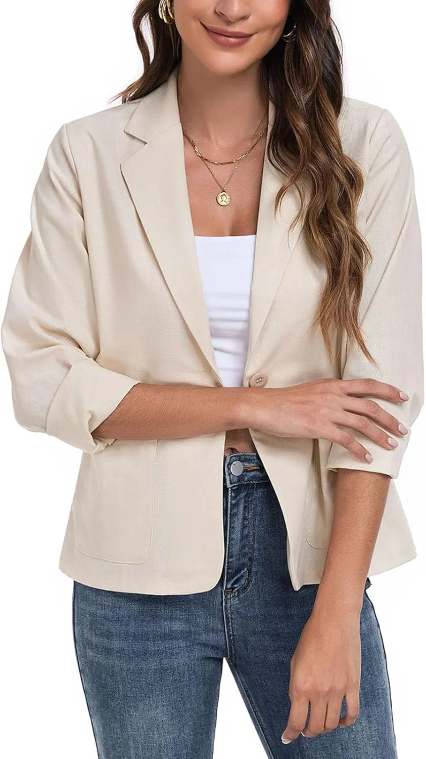 Womens Linen Blazer Long Sleeve Lightweight Work Office Jackets Casual Summer Lapel Button Blazers with Pockets