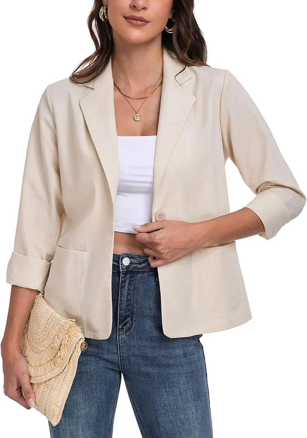 Womens Linen Blazer Long Sleeve Lightweight Work Office Jackets Casual Summer Lapel Button Blazers with Pockets