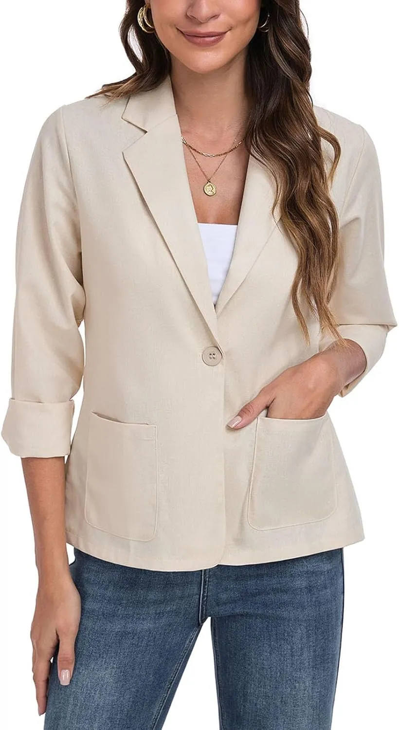 Womens Linen Blazer Long Sleeve Lightweight Work Office Jackets Casual Summer Lapel Button Blazers with Pockets