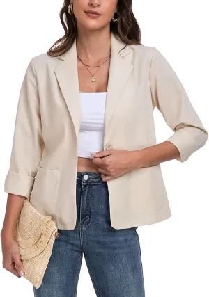 Womens Linen Blazer Long Sleeve Lightweight Work Office Jackets Casual Summer Lapel Button Blazers with Pockets