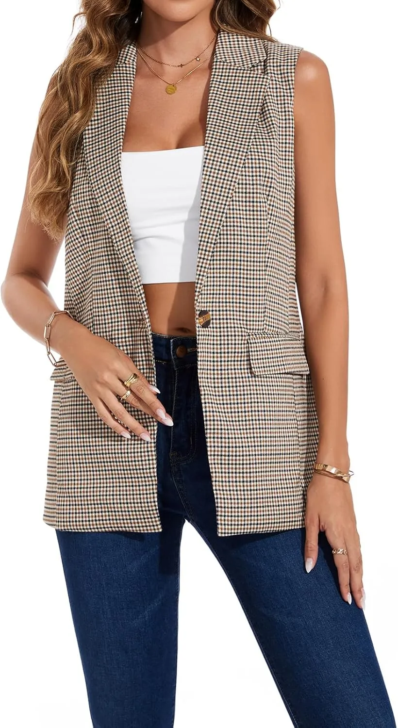 Women's Long Sleeveless Blazer Vests Casual Lapel Office Cardigans Vest Open Front Jacket Blazers