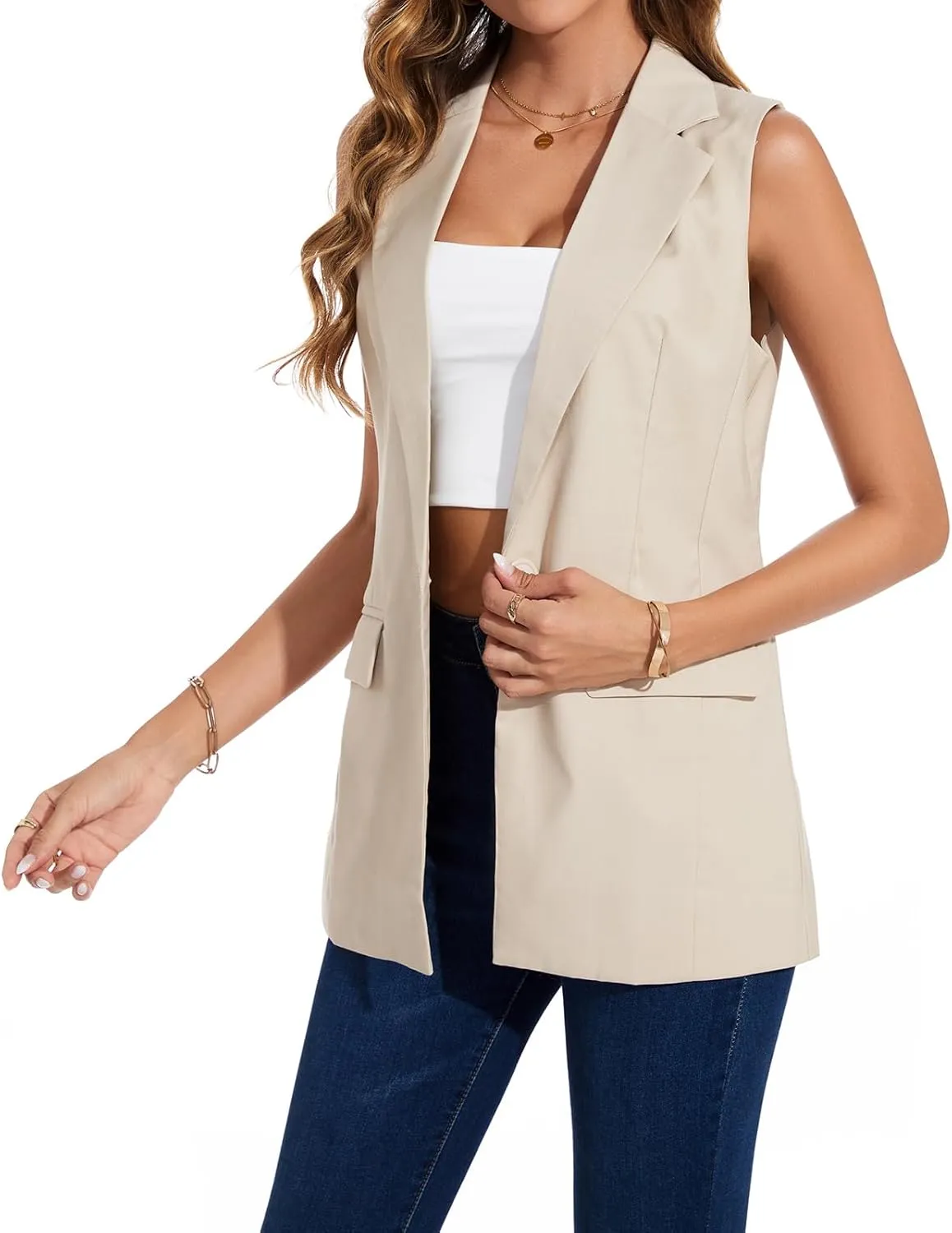 Women's Long Sleeveless Blazer Vests Casual Lapel Office Cardigans Vest Open Front Jacket Blazers