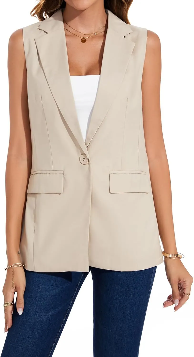 Women's Long Sleeveless Blazer Vests Casual Lapel Office Cardigans Vest Open Front Jacket Blazers