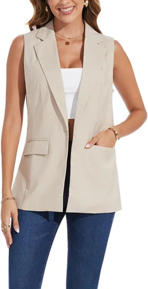 Women's Long Sleeveless Blazer Vests Casual Lapel Office Cardigans Vest Open Front Jacket Blazers