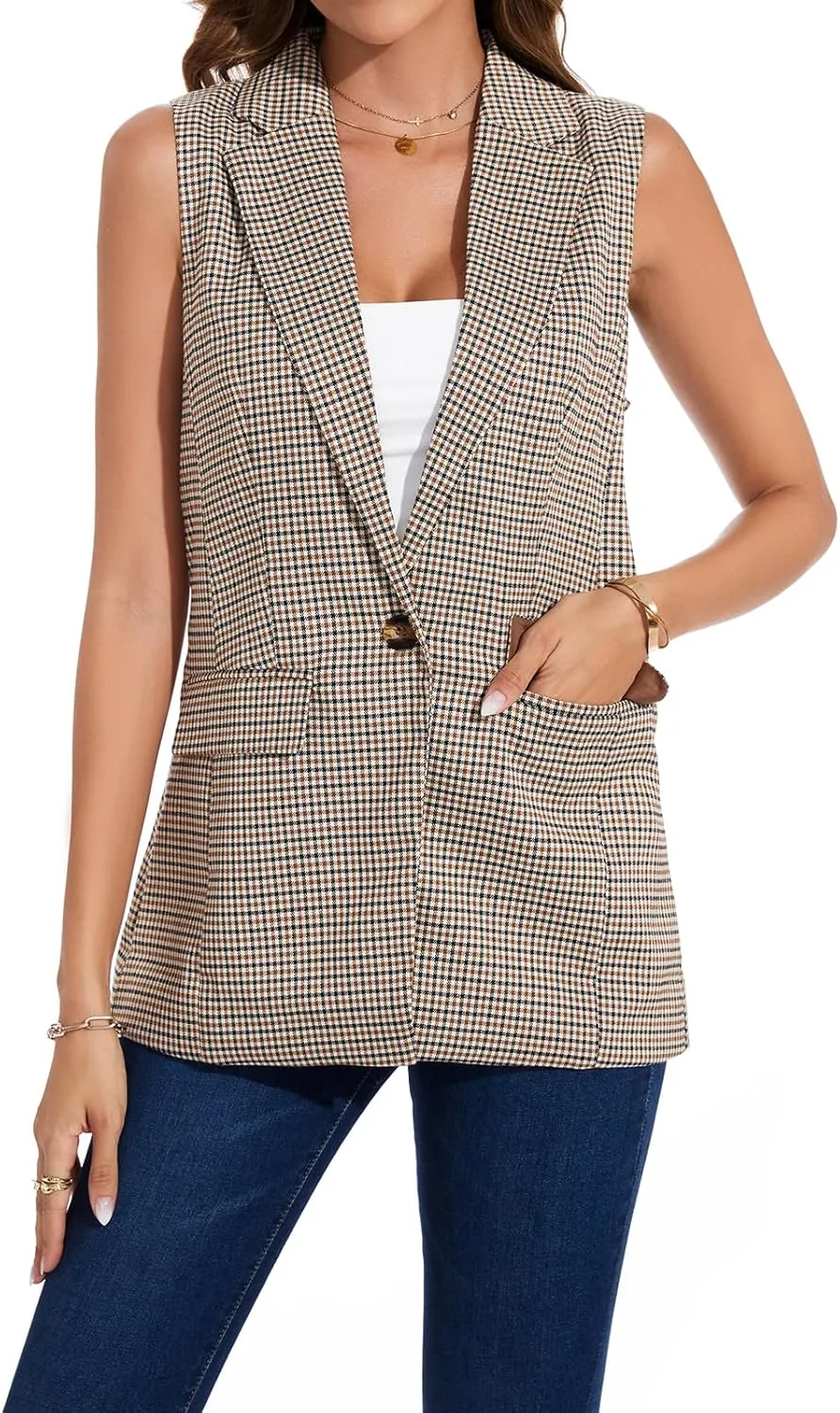 Women's Long Sleeveless Blazer Vests Casual Lapel Office Cardigans Vest Open Front Jacket Blazers
