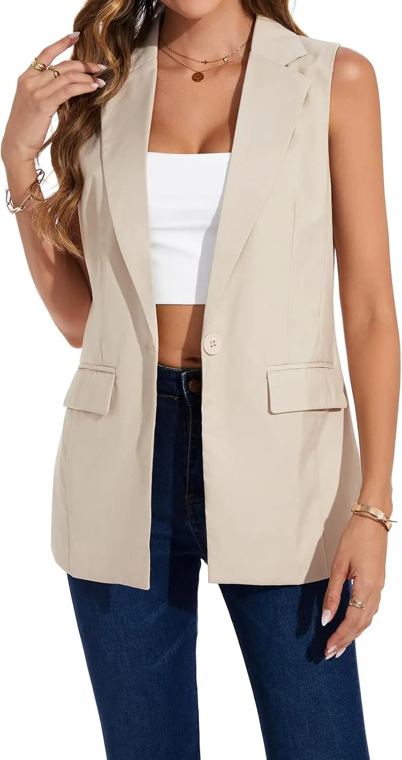 Women's Long Sleeveless Blazer Vests Casual Lapel Office Cardigans Vest Open Front Jacket Blazers