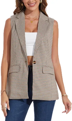 Women's Long Sleeveless Blazer Vests Casual Lapel Office Cardigans Vest Open Front Jacket Blazers