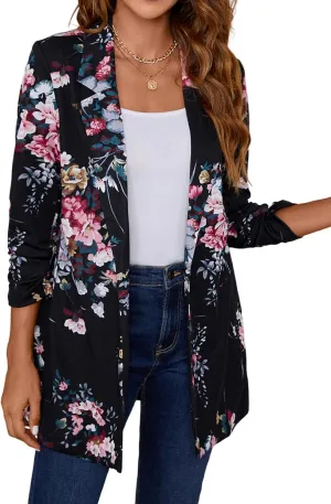 Women's Longline Blazer Button Open Front Lapel Collar 3/4 Sleeve Business Casual Office Work Lightweight Jacket