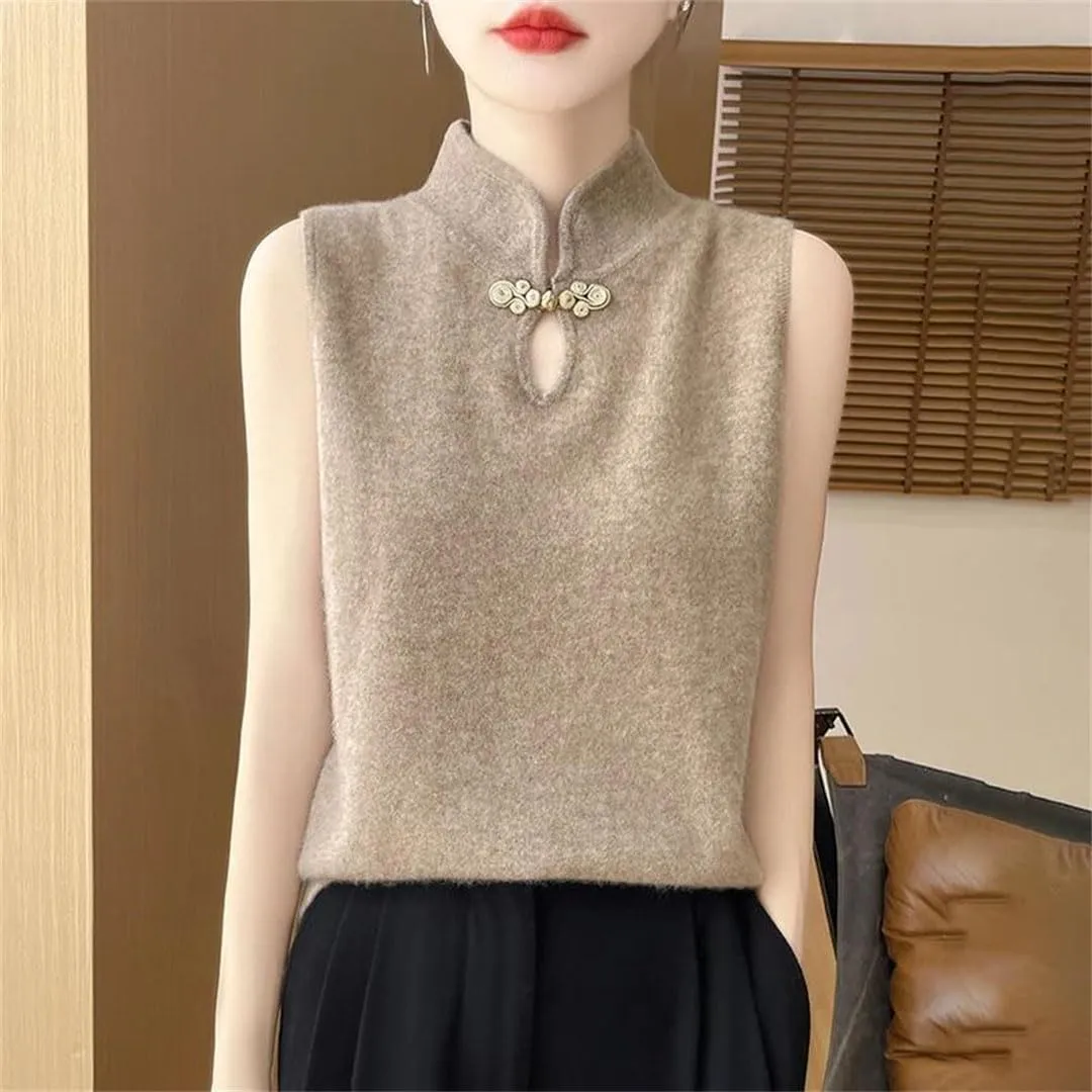 Women's Mock Collar Knit Camisole Summer Underneath Bottom Chinese Buckle Tops Slim Sleeveless T-Shirt Tops