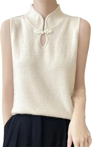 Women's Mock Collar Knit Camisole Summer Underneath Bottom Chinese Buckle Tops Slim Sleeveless T-Shirt Tops