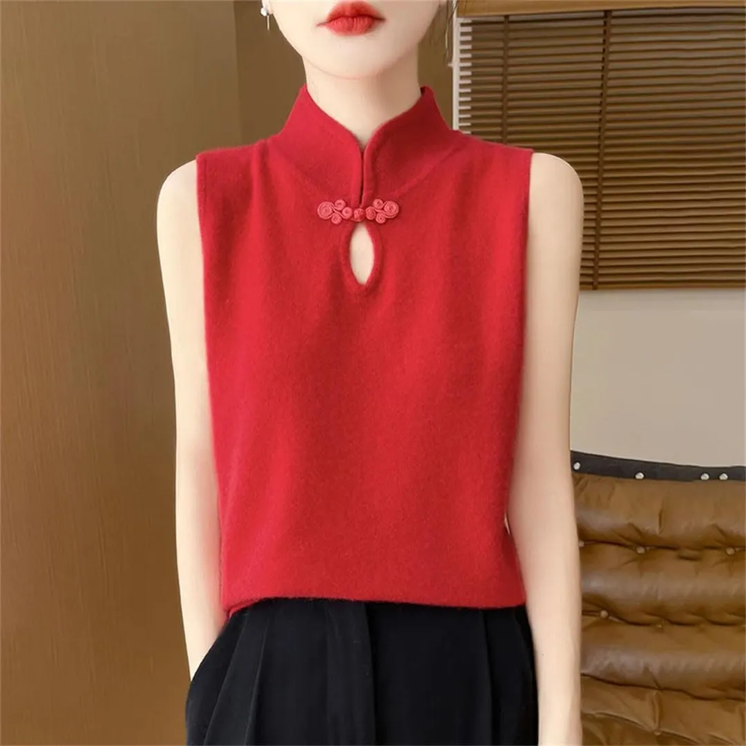 Women's Mock Collar Knit Camisole Summer Underneath Bottom Chinese Buckle Tops Slim Sleeveless T-Shirt Tops