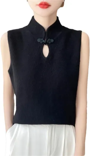 Women's Mock Collar Knit Camisole Summer Underneath Bottom Chinese Buckle Tops Slim Sleeveless T-Shirt Tops