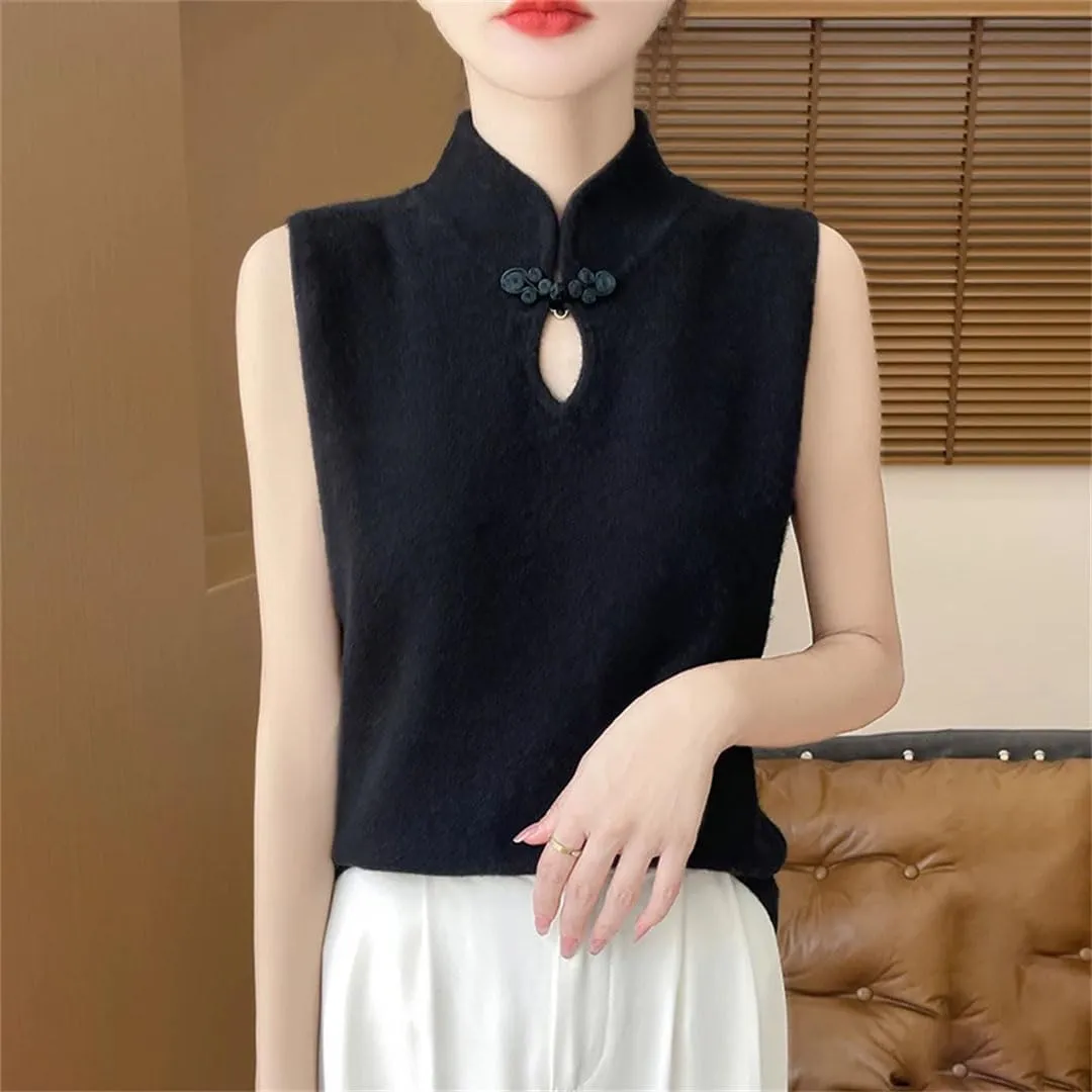 Women's Mock Collar Knit Camisole Summer Underneath Bottom Chinese Buckle Tops Slim Sleeveless T-Shirt Tops