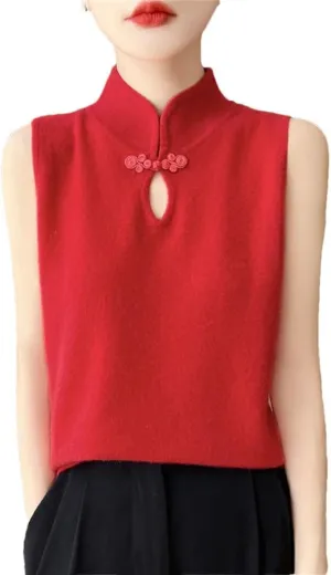 Women's Mock Collar Knit Camisole Summer Underneath Bottom Chinese Buckle Tops Slim Sleeveless T-Shirt Tops