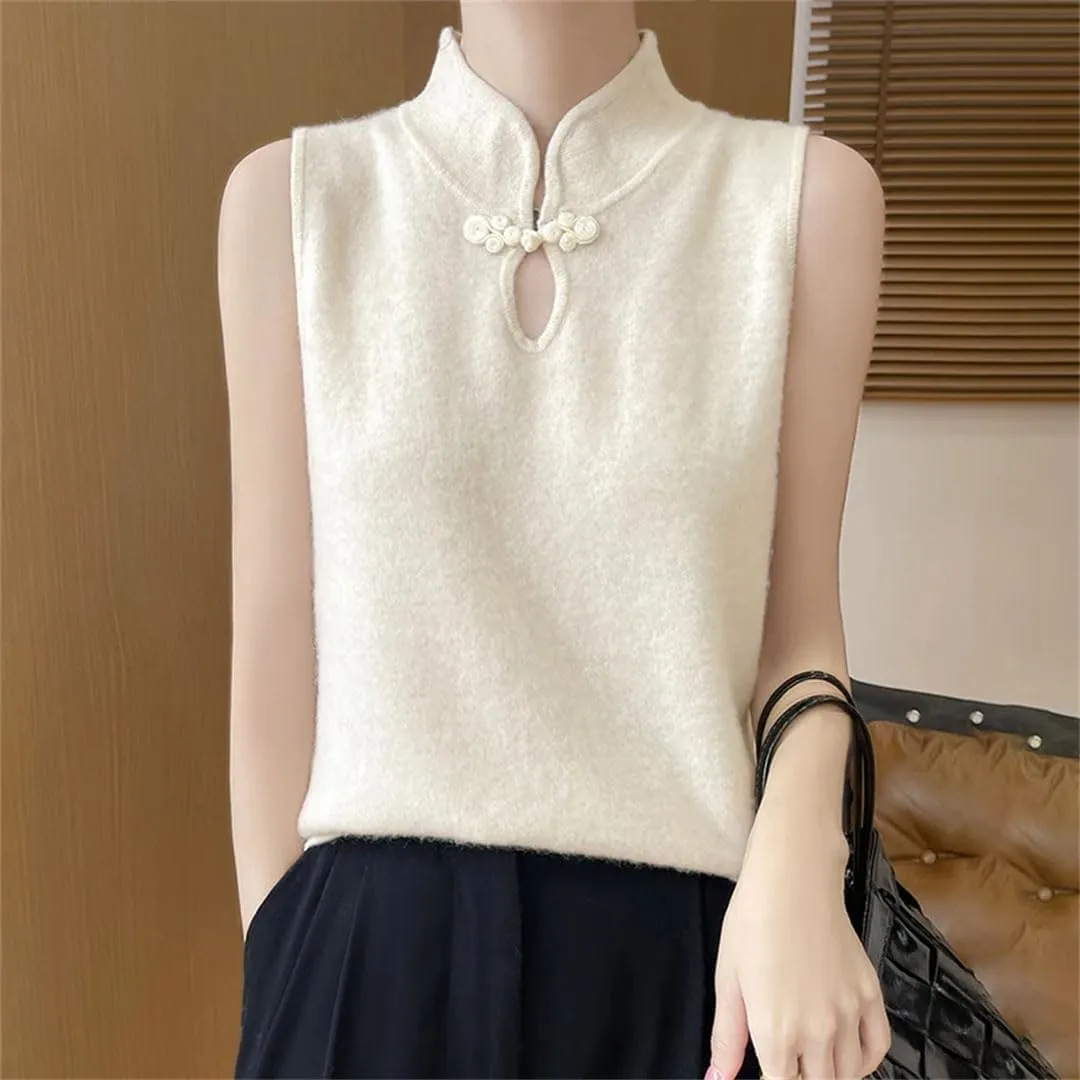 Women's Mock Collar Knit Camisole Summer Underneath Bottom Chinese Buckle Tops Slim Sleeveless T-Shirt Tops