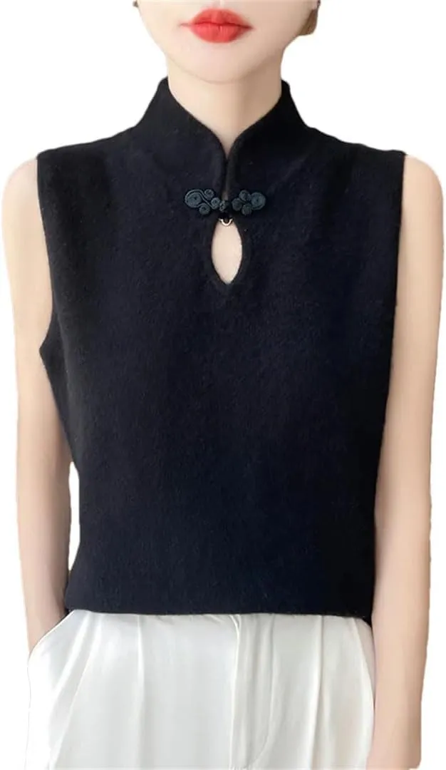 Women's Mock Collar Knit Camisole Summer Underneath Bottom Chinese Buckle Tops Slim Sleeveless T-Shirt Tops