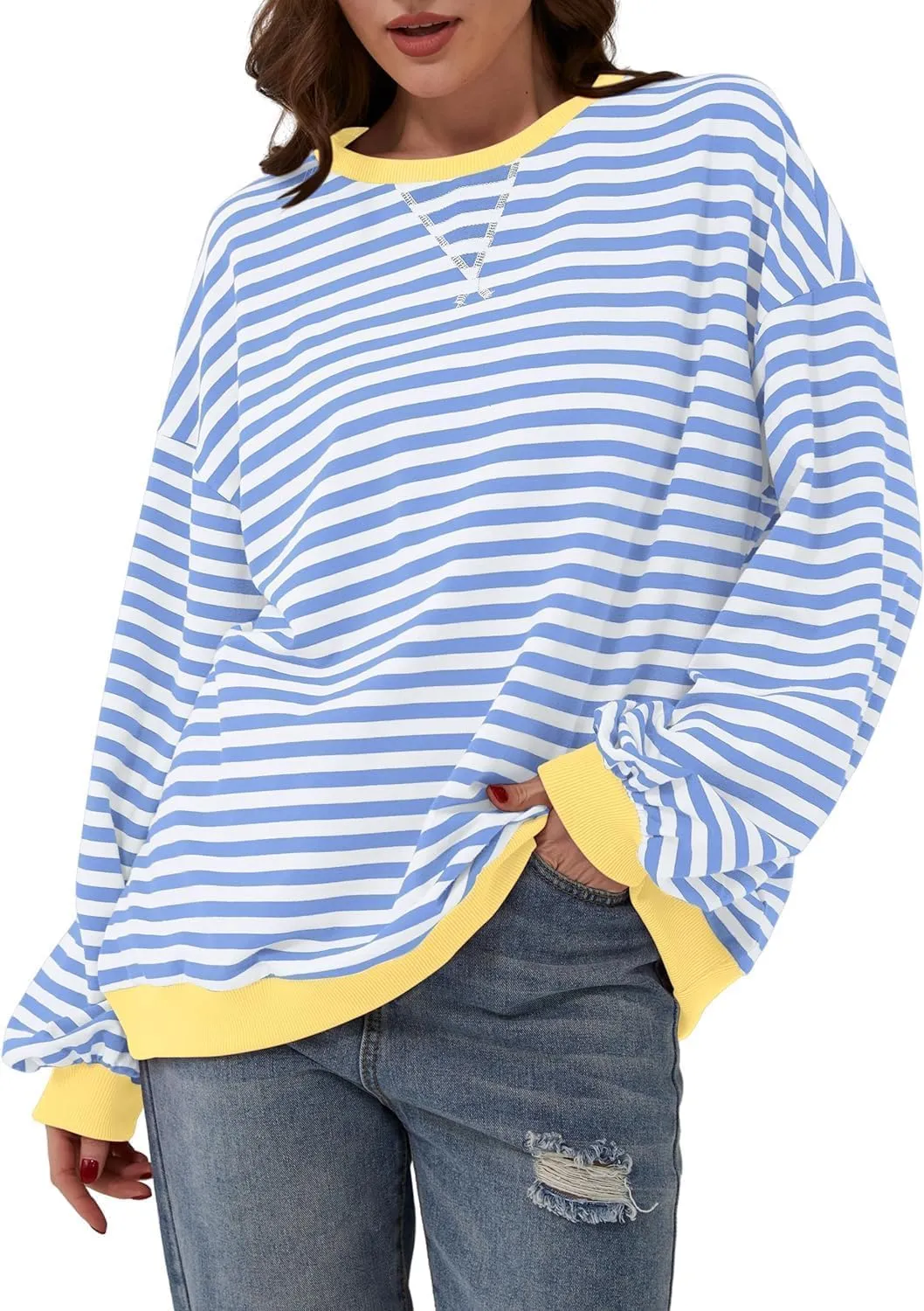 Womens Oversized Striped Sweatshirt Color Block Long Sleeve Shirt Crewneck Pullover Striped Sweater Y2k Clothes