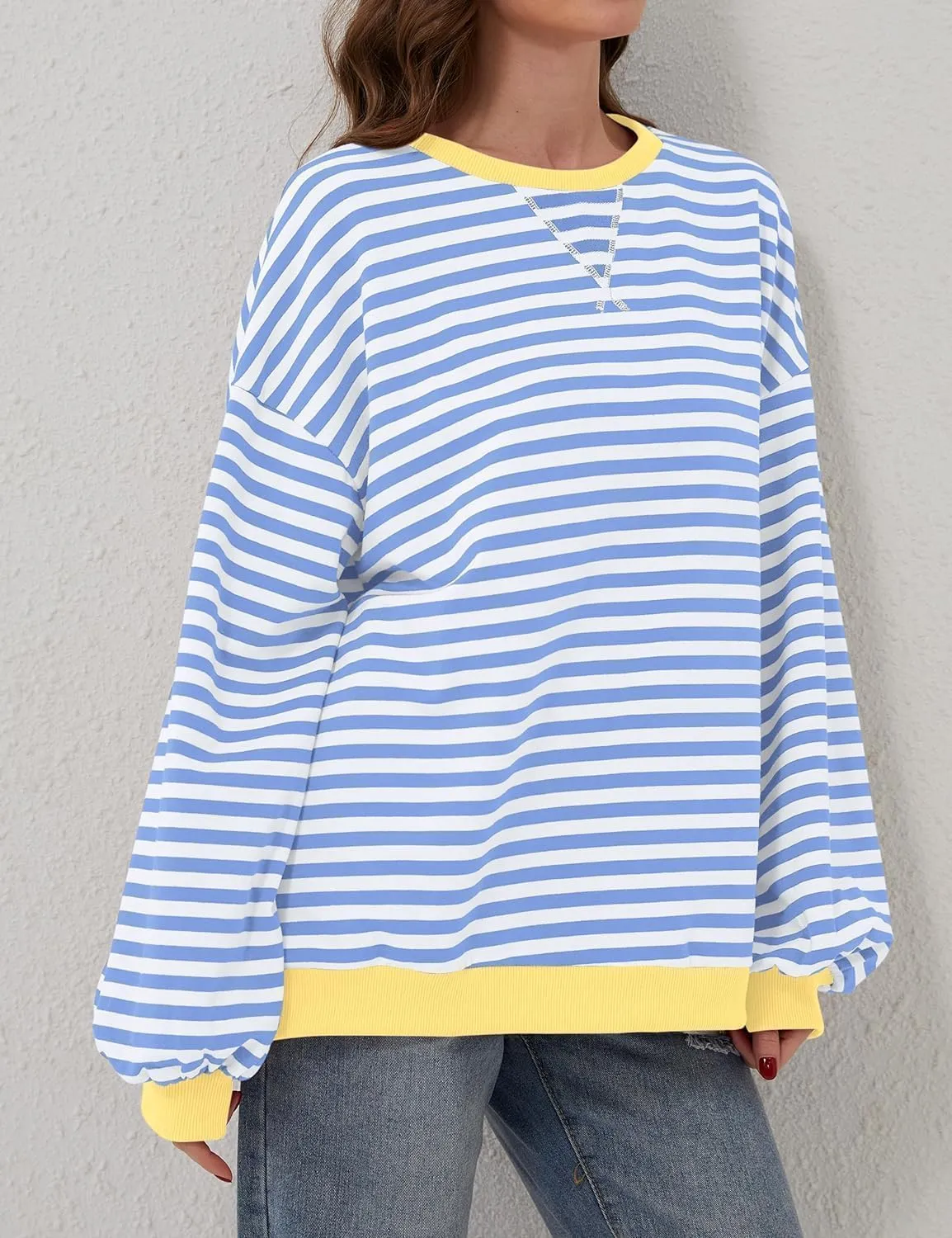Womens Oversized Striped Sweatshirt Color Block Long Sleeve Shirt Crewneck Pullover Striped Sweater Y2k Clothes