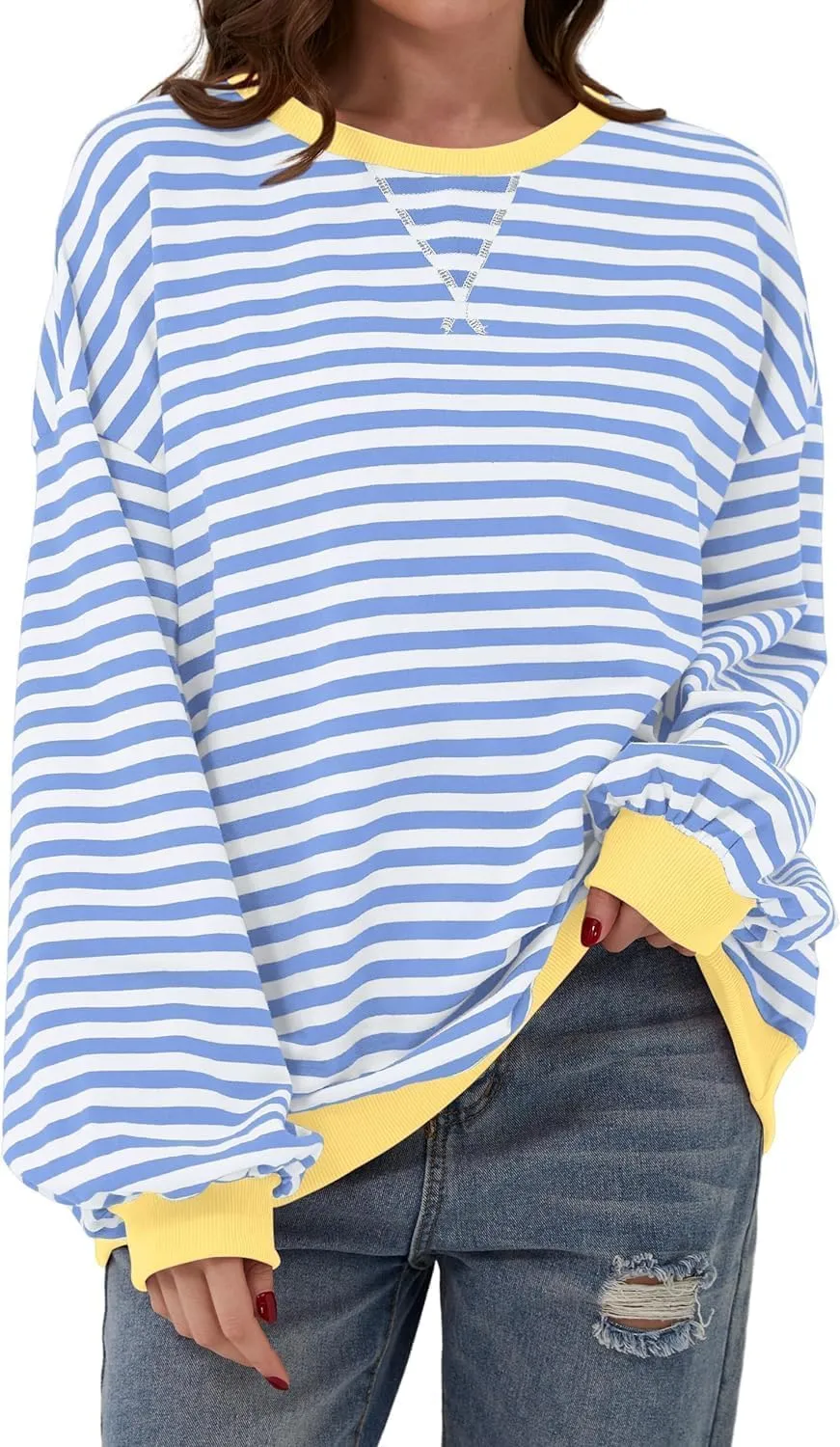 Womens Oversized Striped Sweatshirt Color Block Long Sleeve Shirt Crewneck Pullover Striped Sweater Y2k Clothes