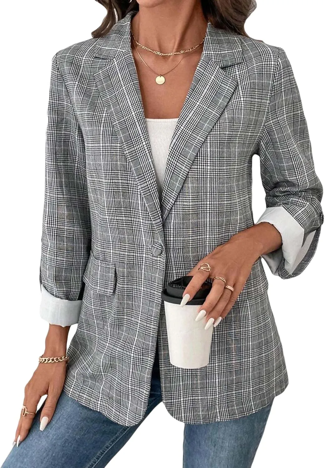 Womens Plaid Blazers 2025 Spring Long Roll Tab Sleeve Lapel Casual Fashion Office Suits Jacket with Pockets