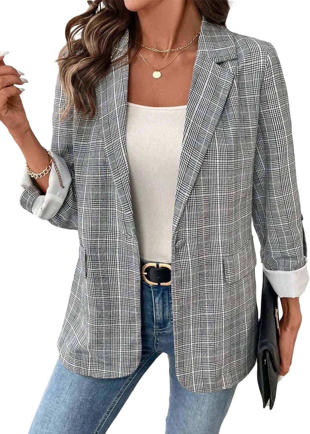 Womens Plaid Blazers 2025 Spring Long Roll Tab Sleeve Lapel Casual Fashion Office Suits Jacket with Pockets