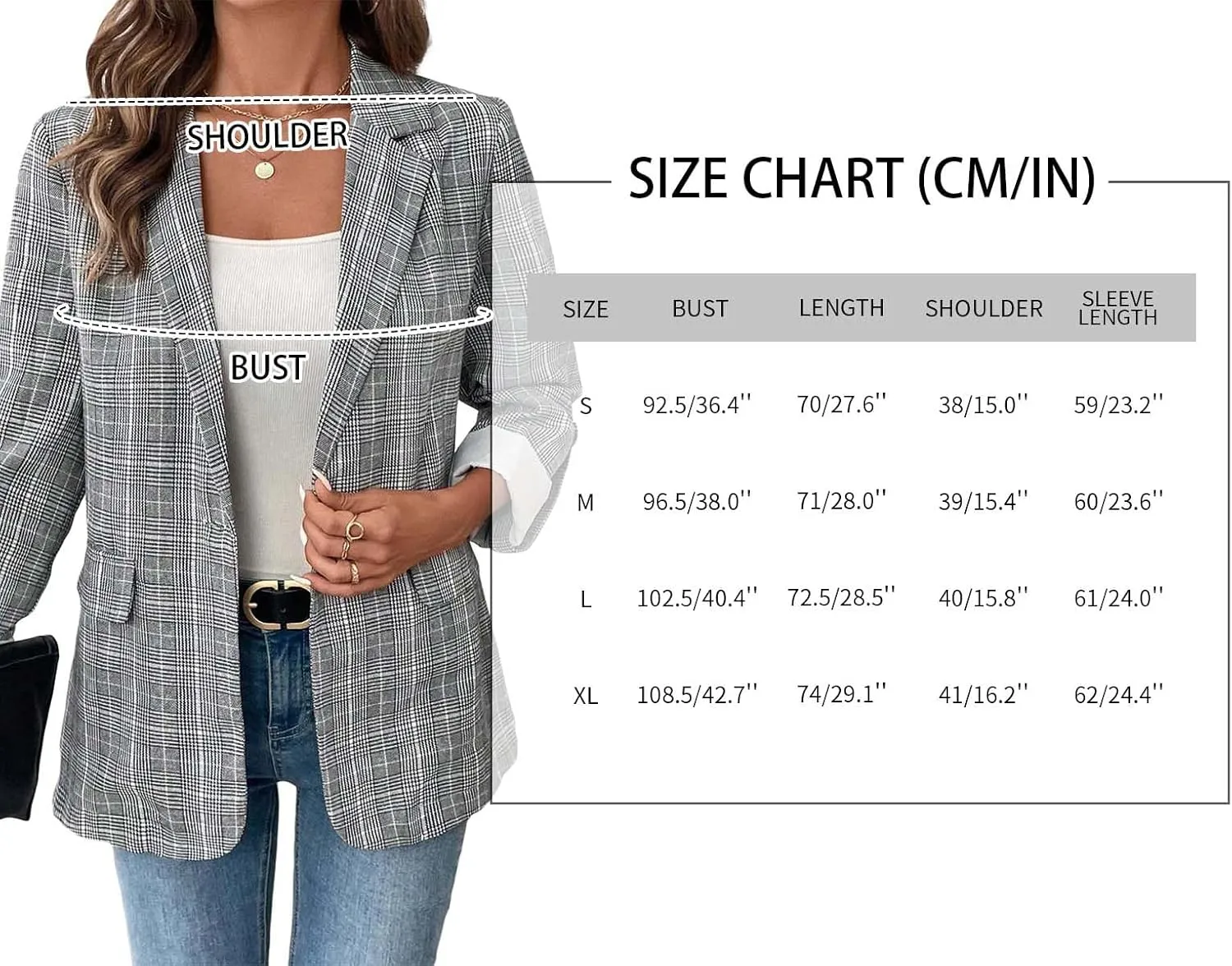 Womens Plaid Blazers 2025 Spring Long Roll Tab Sleeve Lapel Casual Fashion Office Suits Jacket with Pockets