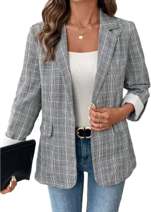 Womens Plaid Blazers 2025 Spring Long Roll Tab Sleeve Lapel Casual Fashion Office Suits Jacket with Pockets
