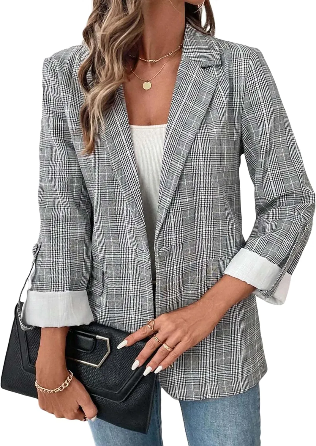 Womens Plaid Blazers 2025 Spring Long Roll Tab Sleeve Lapel Casual Fashion Office Suits Jacket with Pockets