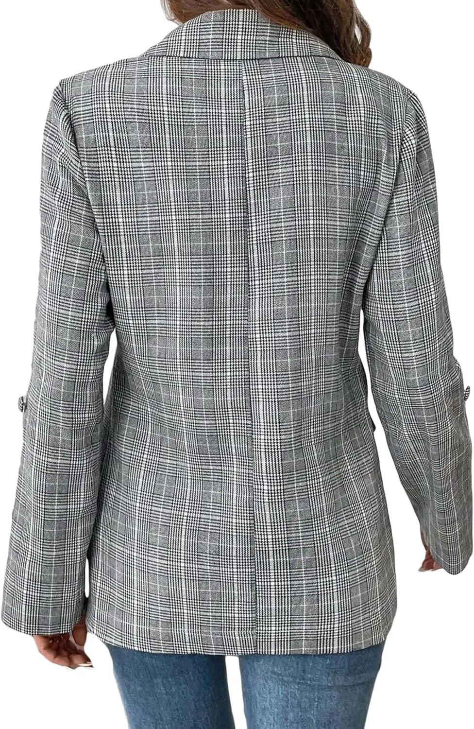 Womens Plaid Blazers 2025 Spring Long Roll Tab Sleeve Lapel Casual Fashion Office Suits Jacket with Pockets