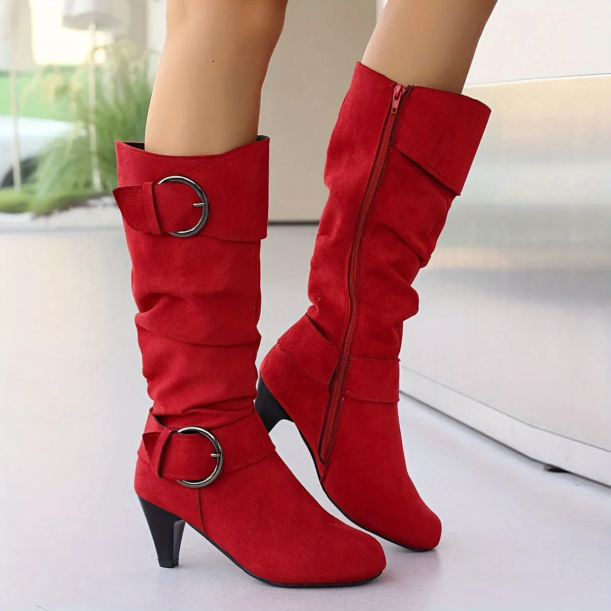 Women's Solid Color Boots, Side Zipper Round Toe Chunky Heel Mid Calf Non-slip Outdoor Boots, Versatile Casual Shoes